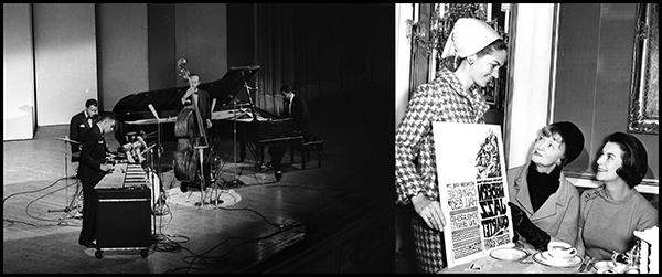 women with poster at tea and four men performing on stage